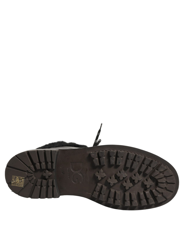 Dolce &amp; Gabbana Black Trekking Fur Lace Leather Boots Shoes