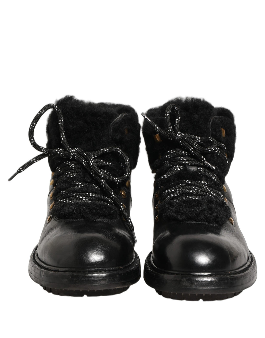 Dolce &amp; Gabbana Black Trekking Fur Lace Leather Boots Shoes
