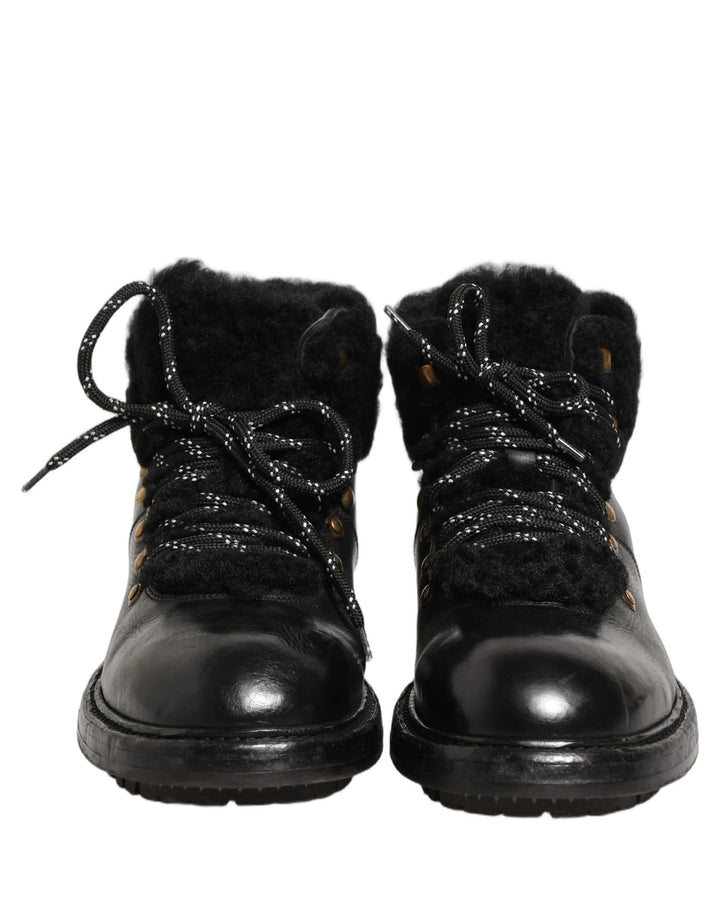Dolce &amp; Gabbana Black Trekking Fur Lace Leather Boots Shoes