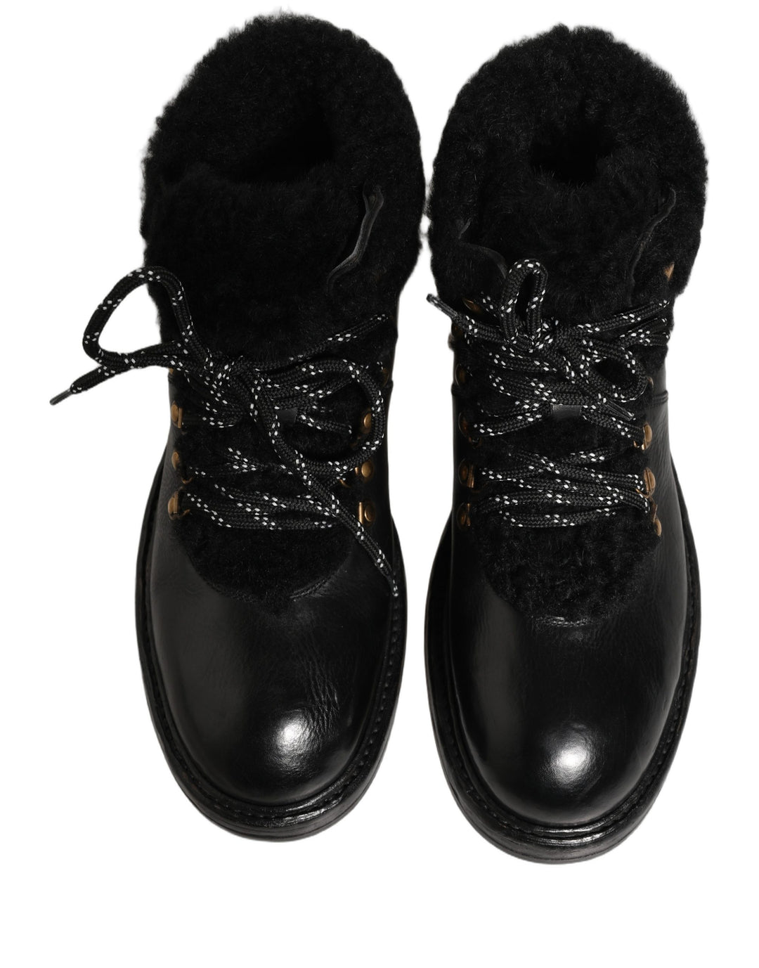 Dolce &amp; Gabbana Black Trekking Fur Lace Leather Boots Shoes