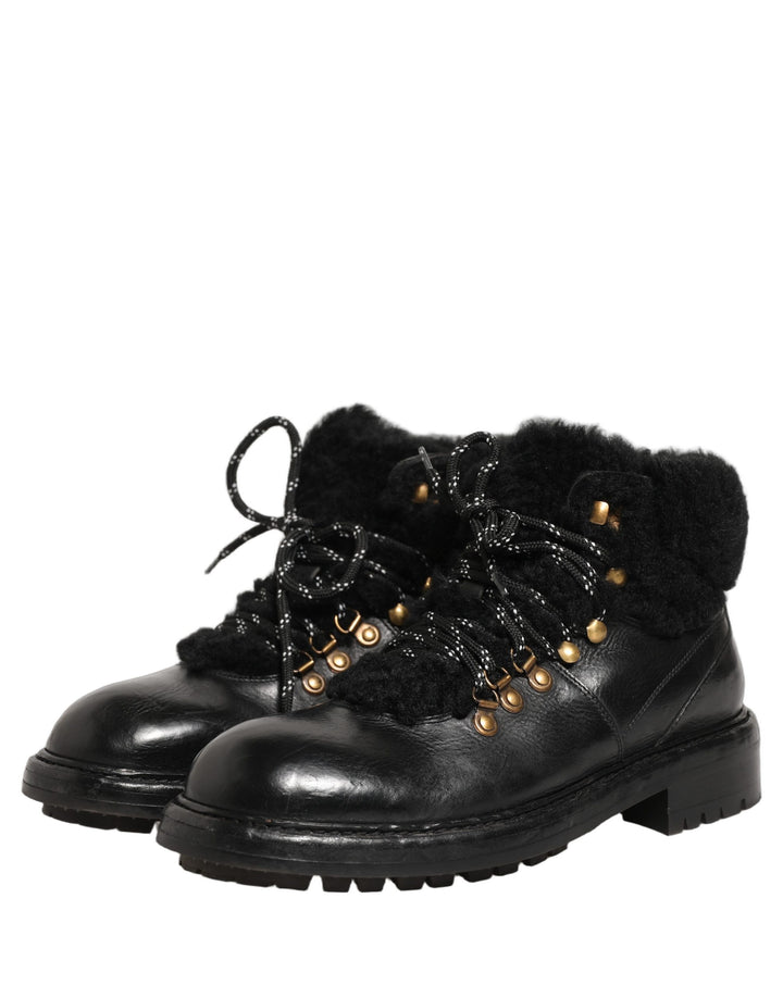 Dolce &amp; Gabbana Black Trekking Fur Lace Leather Boots Shoes