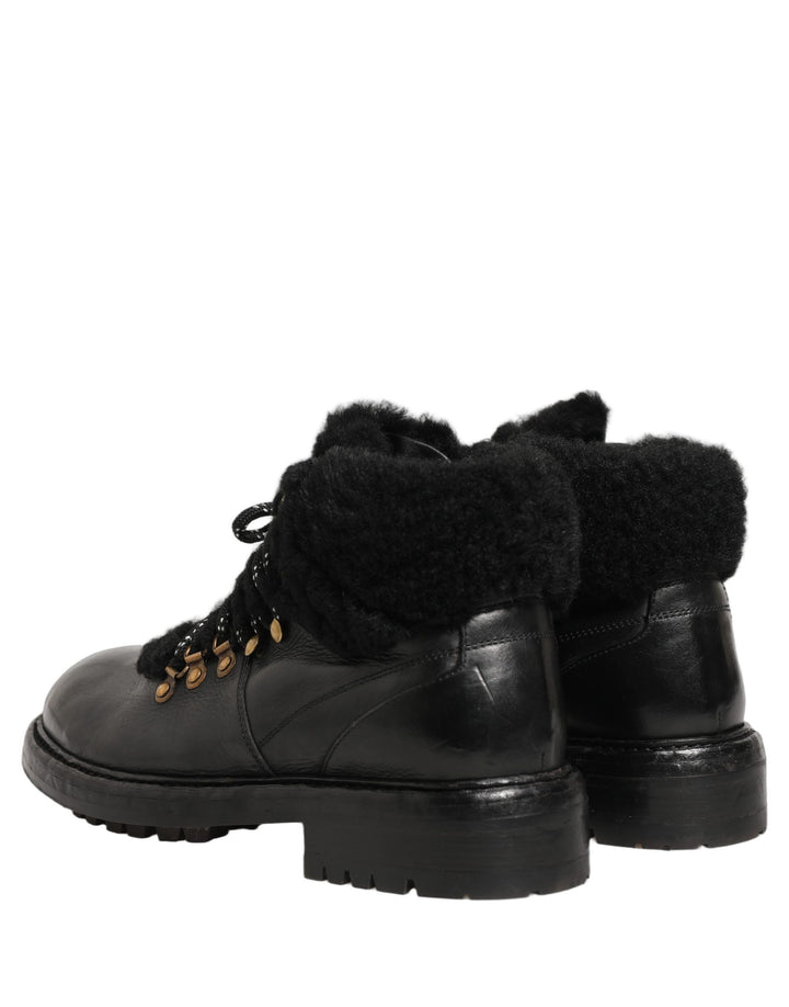Dolce &amp; Gabbana Black Trekking Fur Lace Leather Boots Shoes