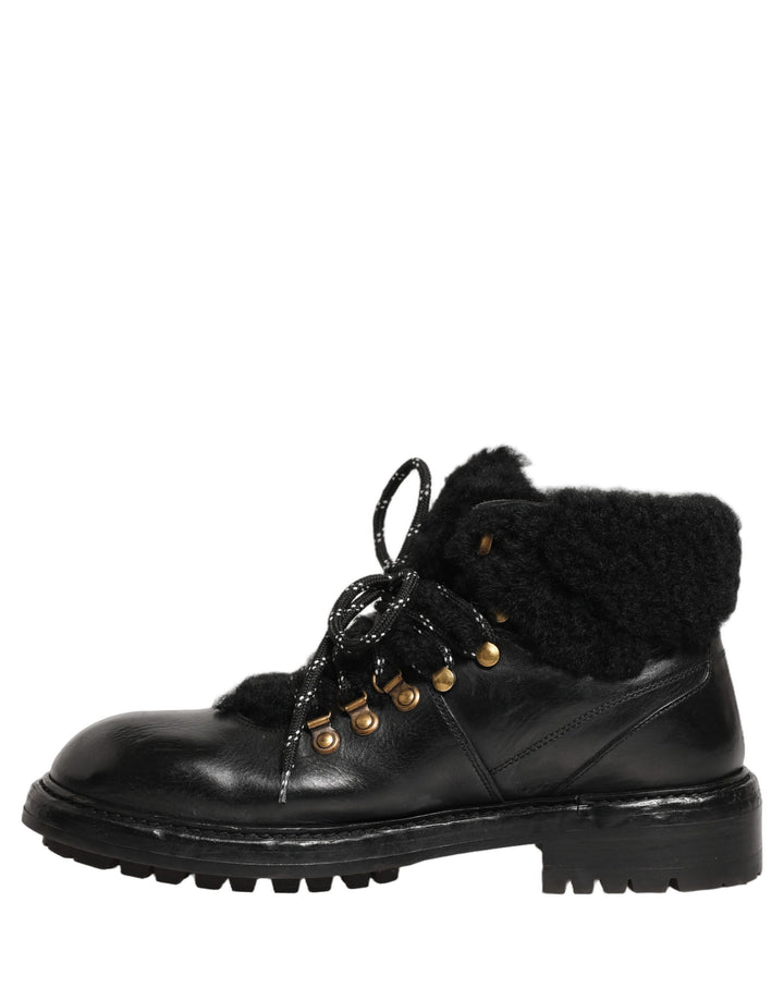 Dolce &amp; Gabbana Black Trekking Fur Lace Leather Boots Shoes