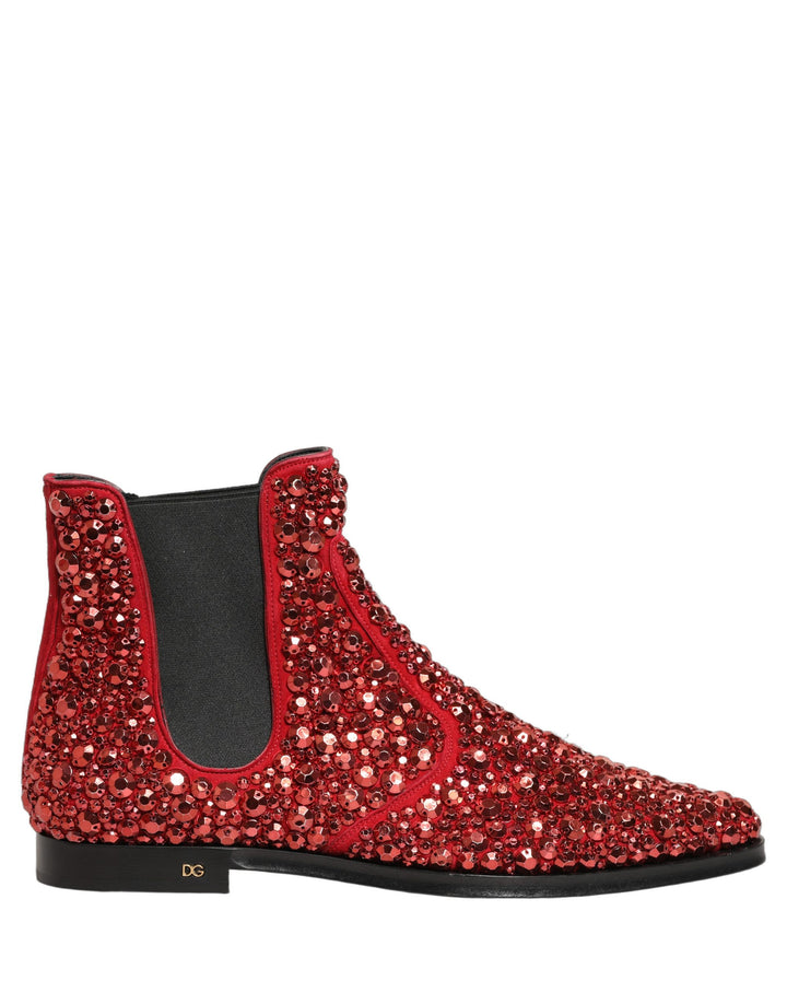 Dolce &amp; Gabbana Red Embellished Chelsea Ankle Boots Shoes