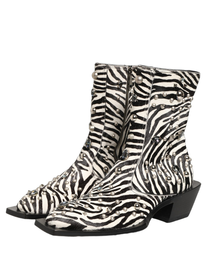 Dolce &amp; Gabbana Black White Zebra Embellished Boots Shoes