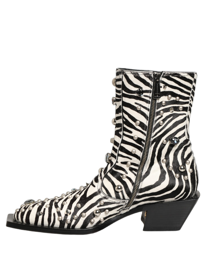Dolce &amp; Gabbana Black White Zebra Embellished Boots Shoes