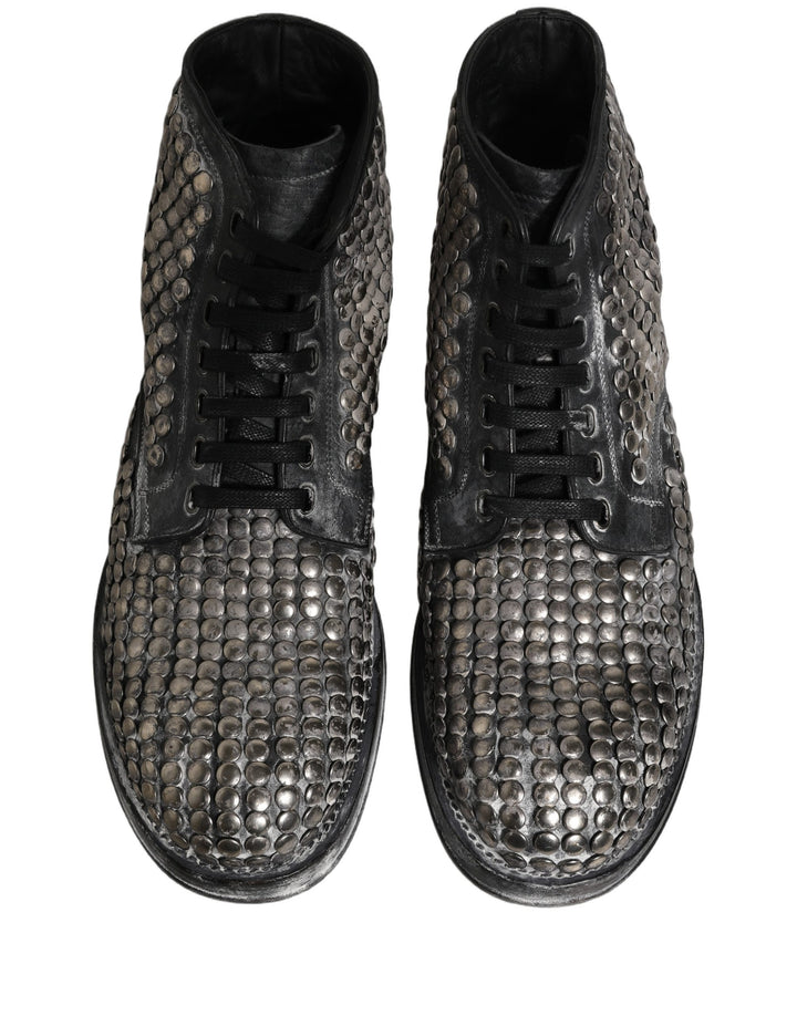 Dolce &amp; Gabbana Black Leather Runway Studs Ankle Boots Shoes