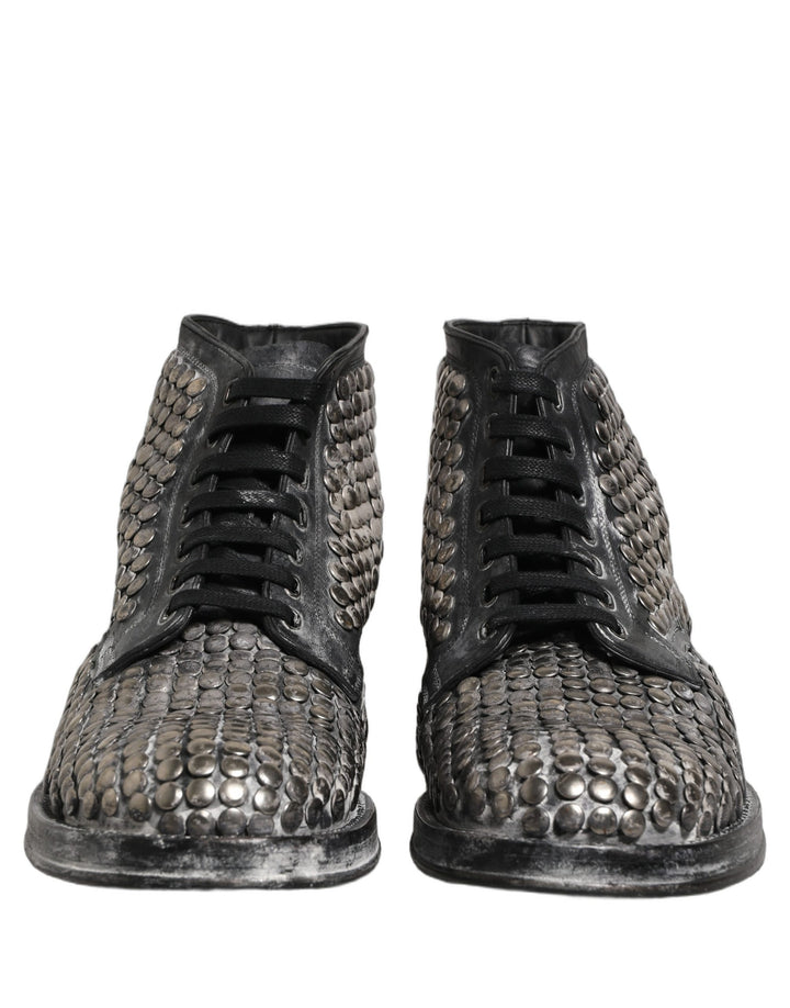 Dolce &amp; Gabbana Black Leather Runway Studs Ankle Boots Shoes