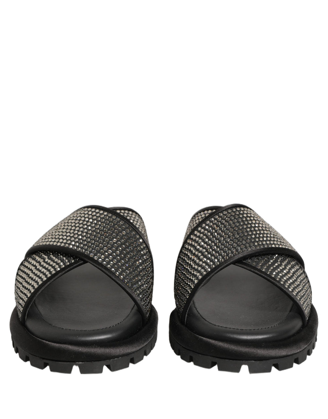 Dolce &amp; Gabbana Black Strass Criss Cross Slide Sandals Shoes