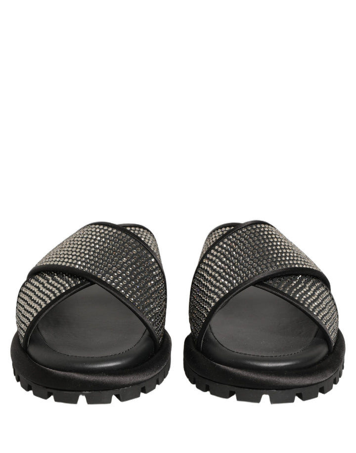 Dolce &amp; Gabbana Black Strass Criss Cross Slide Sandals Shoes