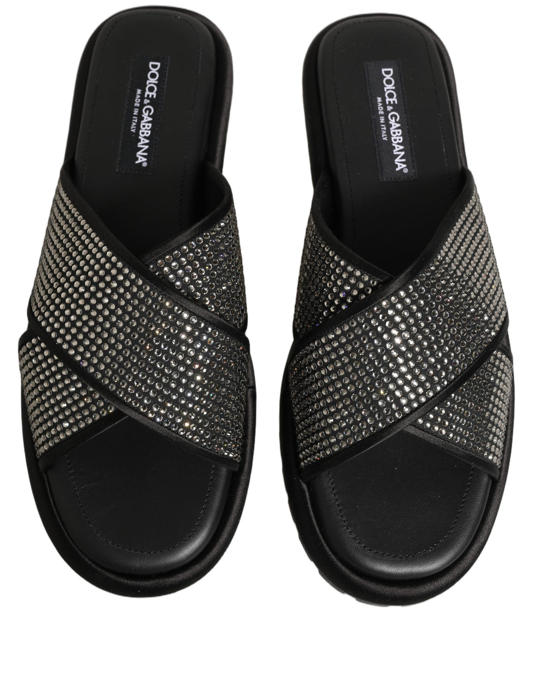 Dolce &amp; Gabbana Black Strass Criss Cross Slide Sandals Shoes
