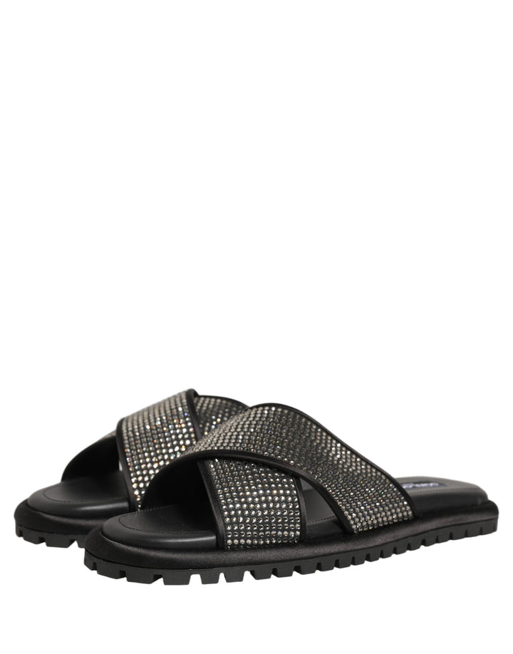 Dolce &amp; Gabbana Black Strass Criss Cross Slide Sandals Shoes