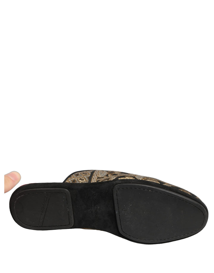 Dolce &amp; Gabbana Black Floral Jacquard Flats Sandals Men Shoes