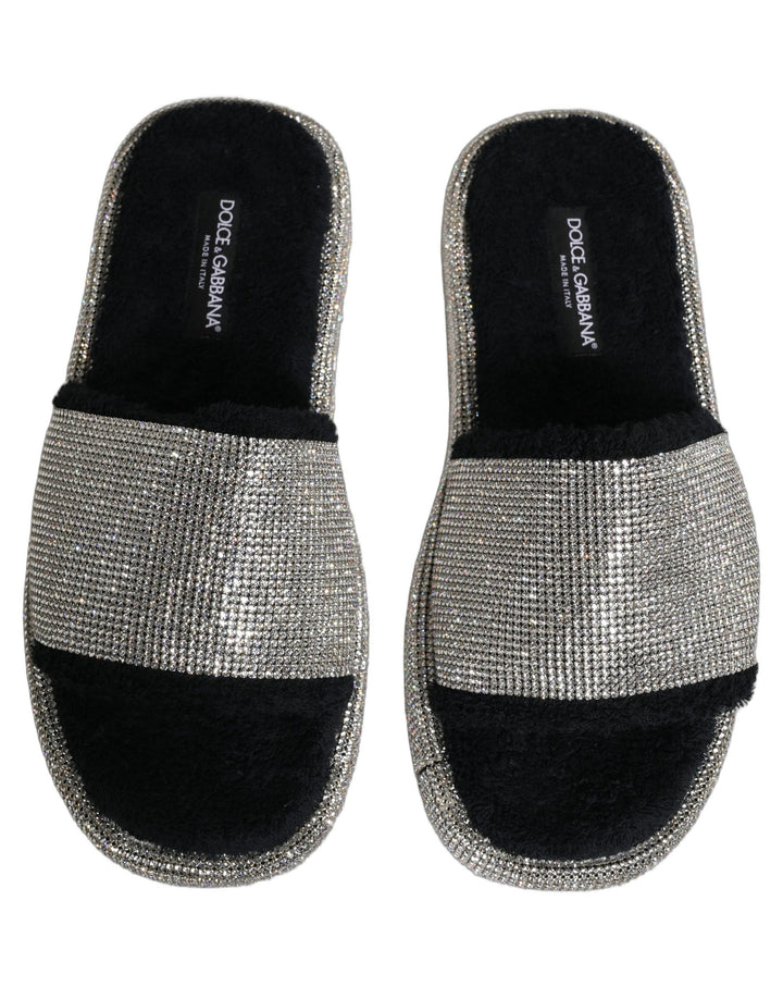 Dolce &amp; Gabbana Black Crystal Embellished Platform Men Slides Shoes