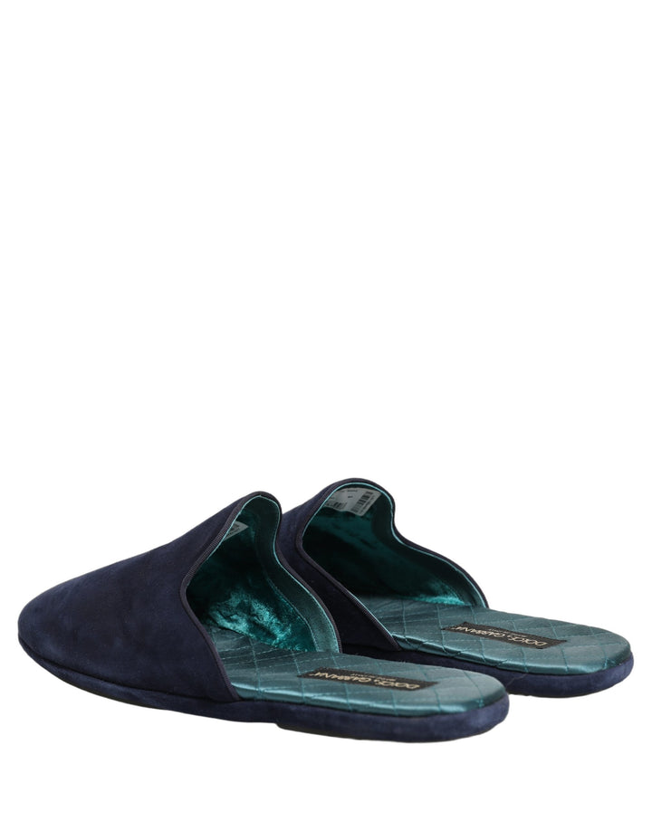 Dolce &amp; Gabbana Blue Suede Slides Flat Slipper Men Shoes