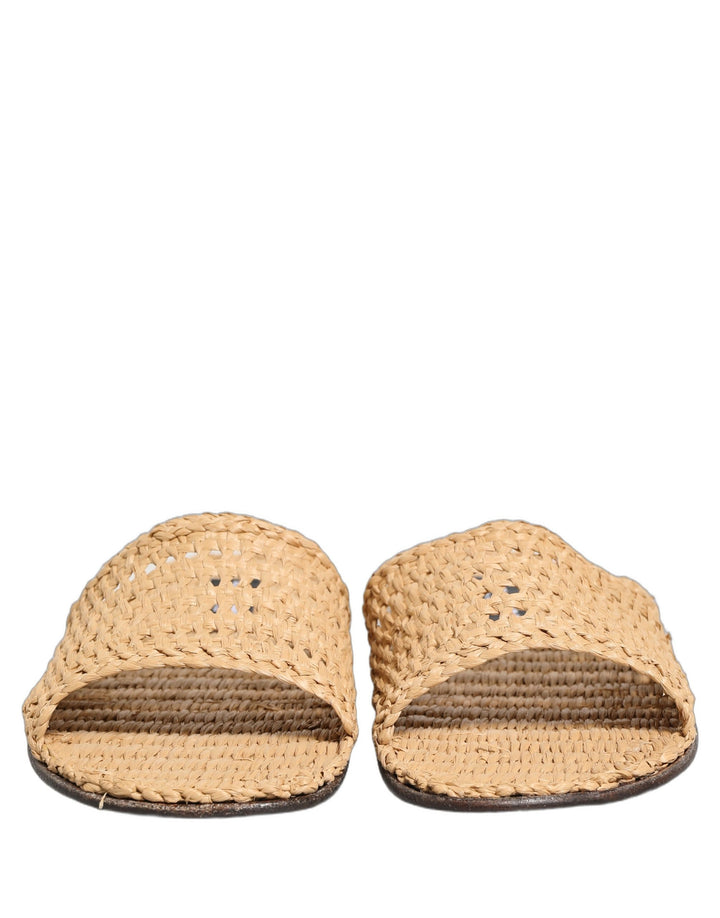 Dolce &amp; Gabbana Beige Straw Raffia Slides Sandals Flats Shoes