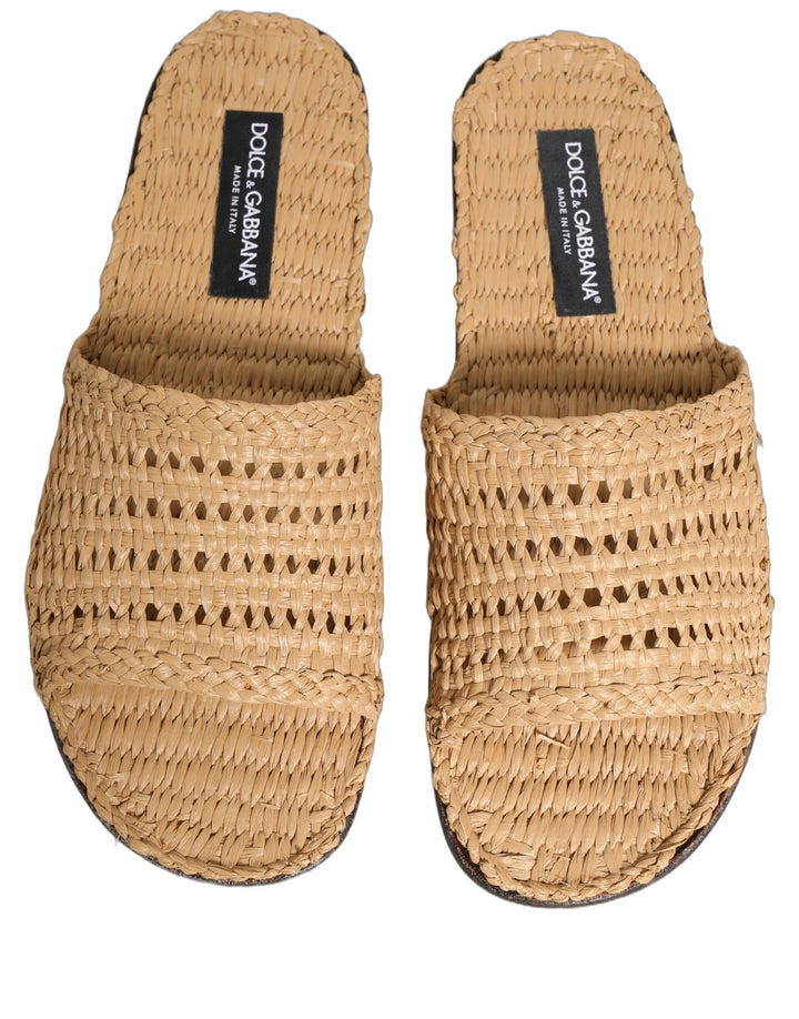 Dolce &amp; Gabbana Beige Straw Raffia Slides Sandals Flats Shoes