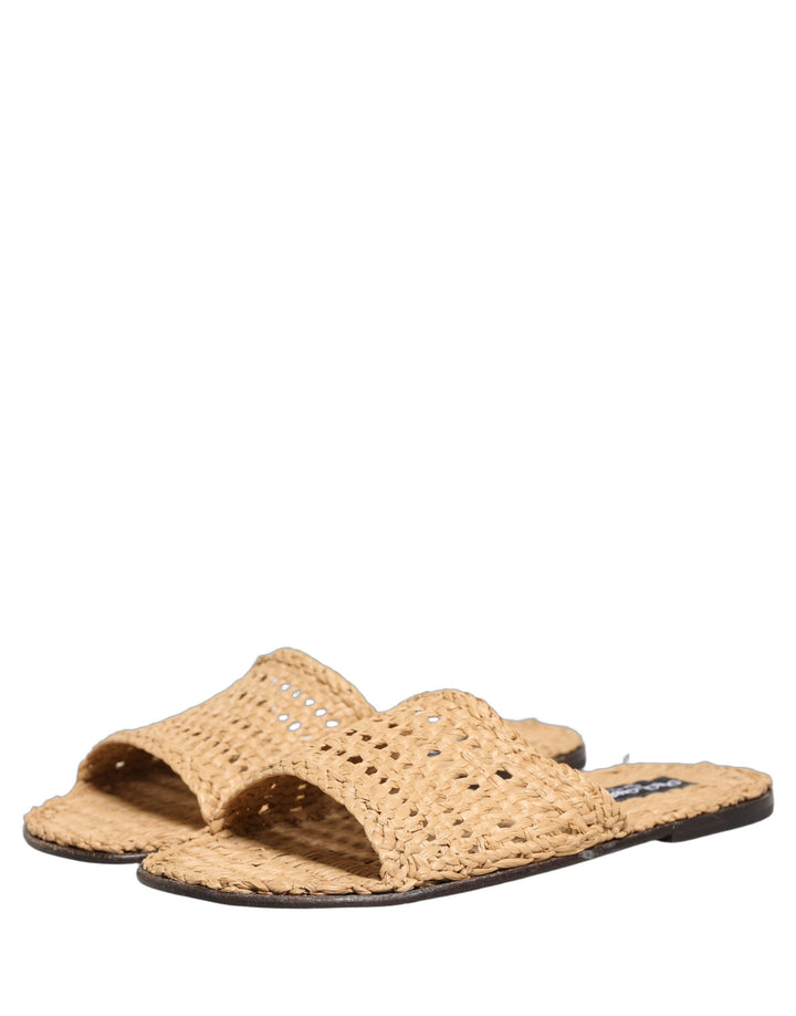 Dolce &amp; Gabbana Beige Straw Raffia Slides Sandals Flats Shoes