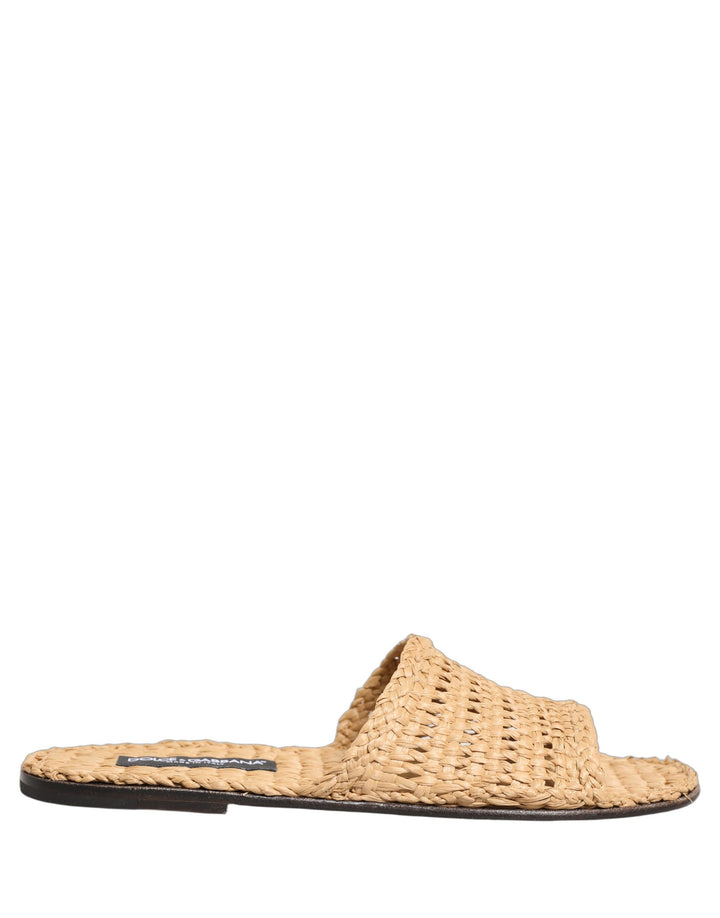 Dolce &amp; Gabbana Beige Straw Raffia Slides Sandals Flats Shoes