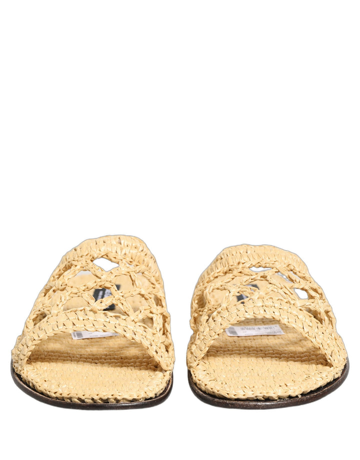 Dolce &amp; Gabbana Beige Straw Raffia Slides Sandals Flats Shoes