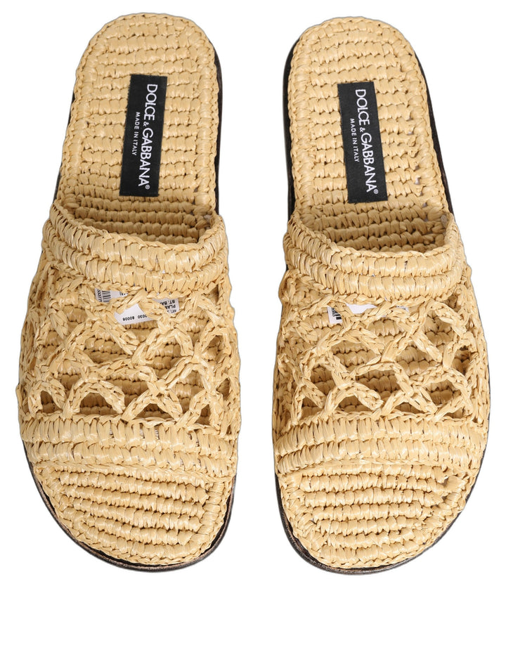 Dolce &amp; Gabbana Beige Straw Raffia Slides Sandals Flats Shoes