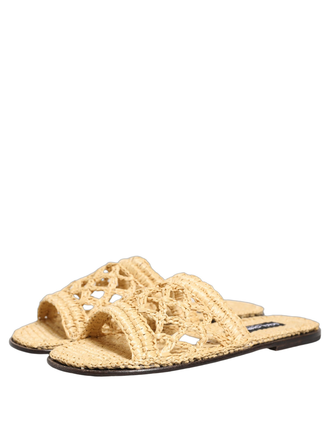 Dolce &amp; Gabbana Beige Straw Raffia Slides Sandals Flats Shoes