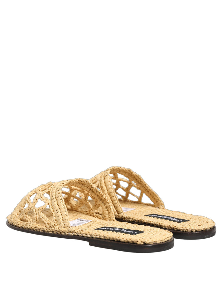 Dolce &amp; Gabbana Beige Straw Raffia Slides Sandals Flats Shoes