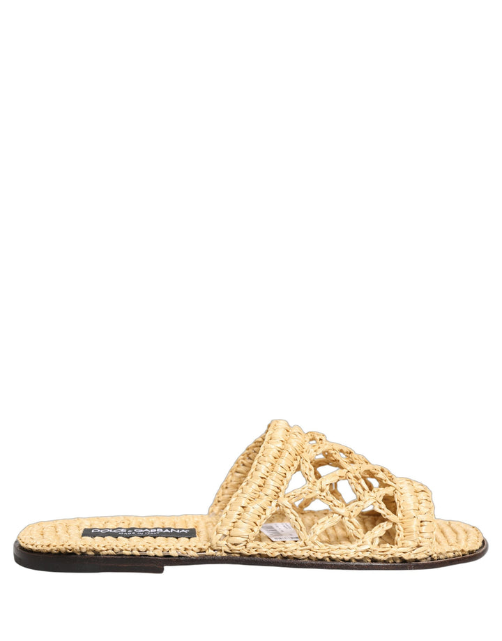 Dolce &amp; Gabbana Beige Straw Raffia Slides Sandals Flats Shoes