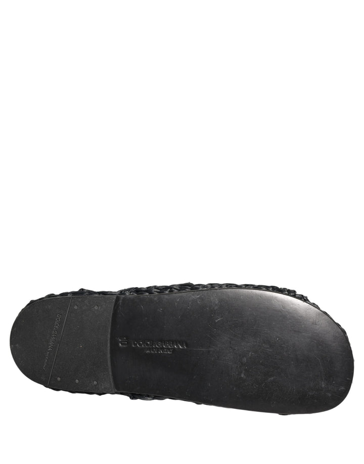 Dolce &amp; Gabbana Black Straw Raffia Slides Sandals Flats Shoes