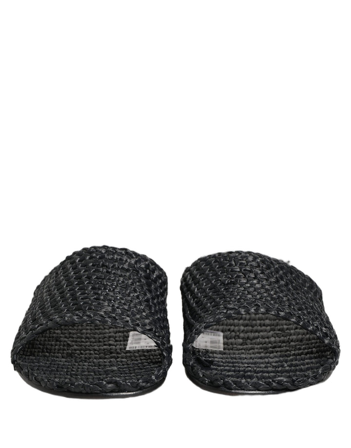 Dolce &amp; Gabbana Black Straw Raffia Slides Sandals Flats Shoes