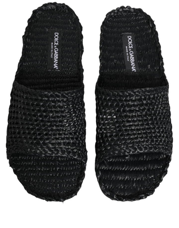 Dolce &amp; Gabbana Black Straw Raffia Slides Sandals Flats Shoes