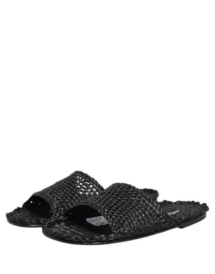 Dolce &amp; Gabbana Black Straw Raffia Slides Sandals Flats Shoes