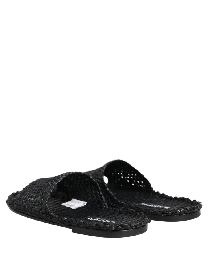 Dolce &amp; Gabbana Black Straw Raffia Slides Sandals Flats Shoes