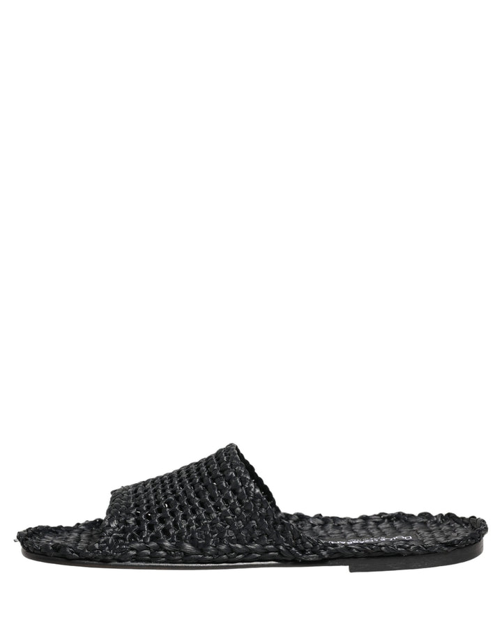 Dolce &amp; Gabbana Black Straw Raffia Slides Sandals Flats Shoes