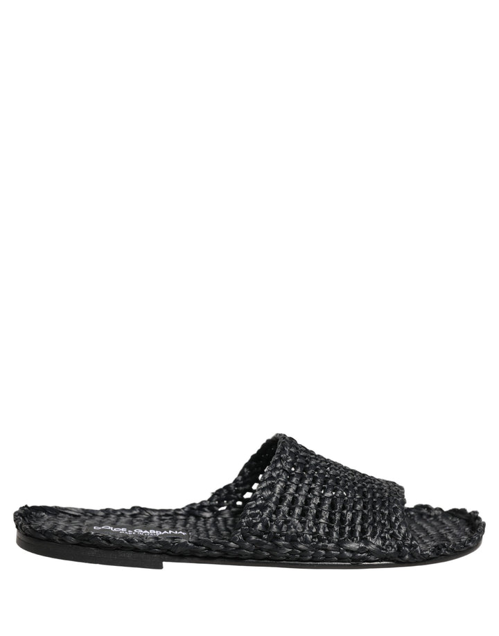 Dolce &amp; Gabbana Black Straw Raffia Slides Sandals Flats Shoes