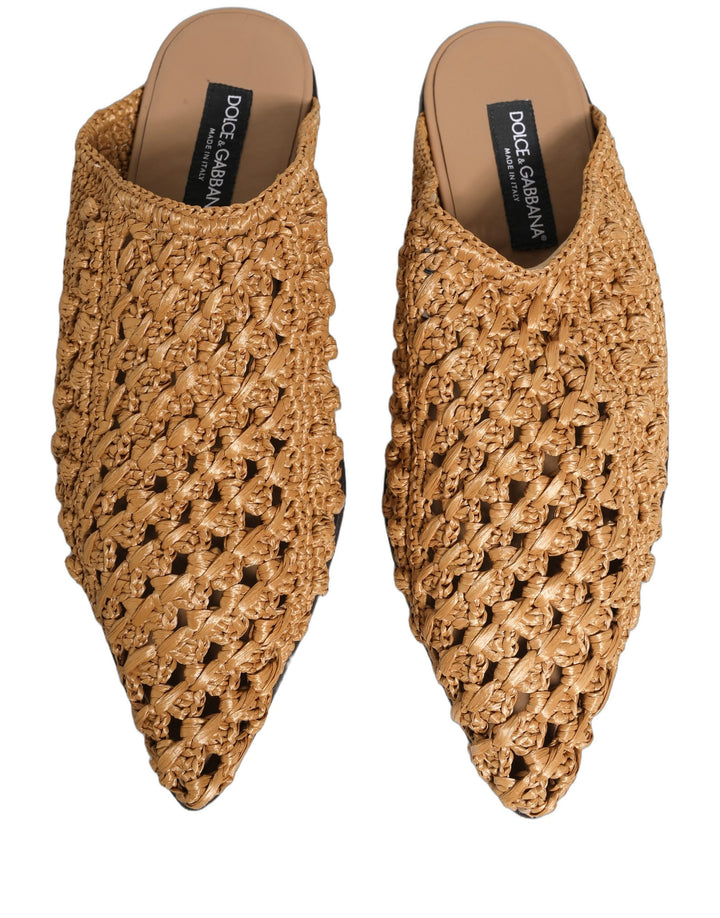 Dolce &amp; Gabbana Beige Woven Straw Slides Sandals Flats Shoes