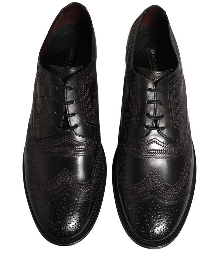 Dolce &amp; Gabbana Black Embroidered Leather Derby Dress Shoes