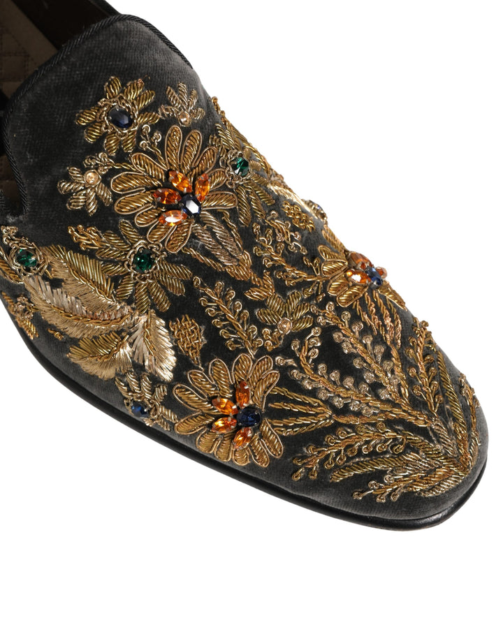 Dolce &amp; Gabbana Black Velvet Embellished Dress Loafers Shoes