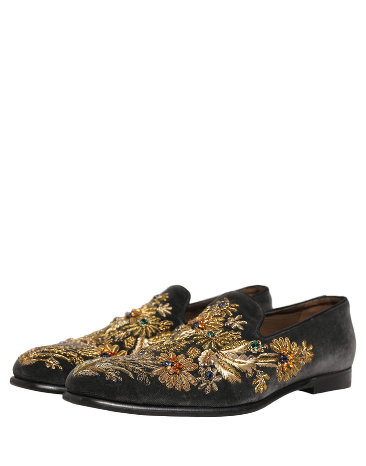 Dolce &amp; Gabbana Black Velvet Embellished Dress Loafers Shoes