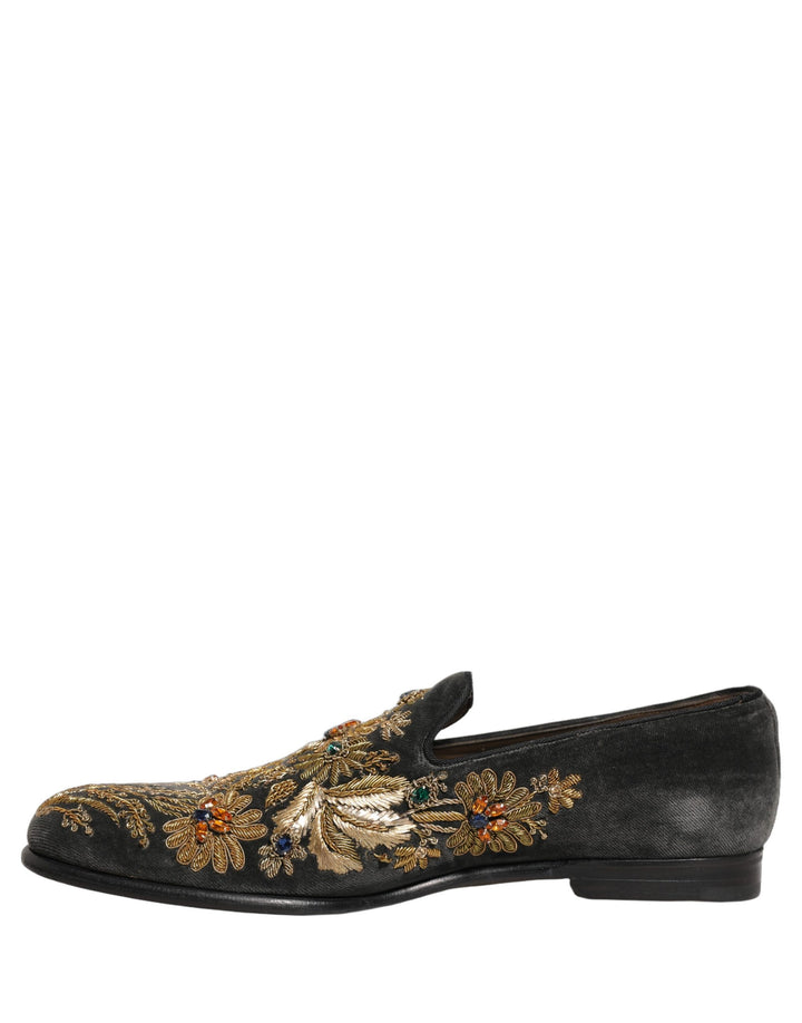 Dolce &amp; Gabbana Black Velvet Embellished Dress Loafers Shoes