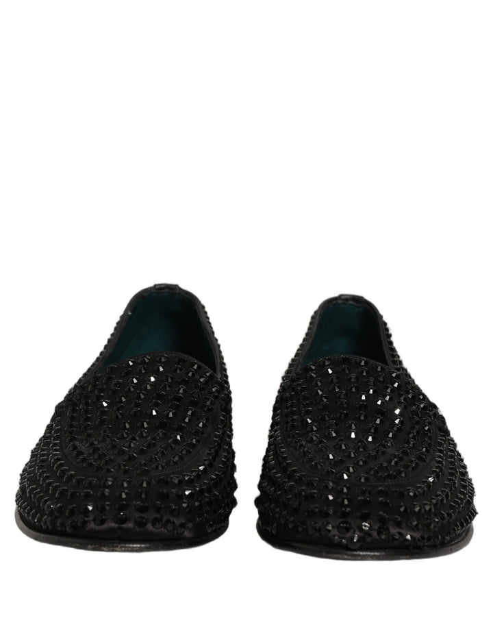 Dolce &amp; Gabbana Black Rhinestone Embellished Loafers Shoes