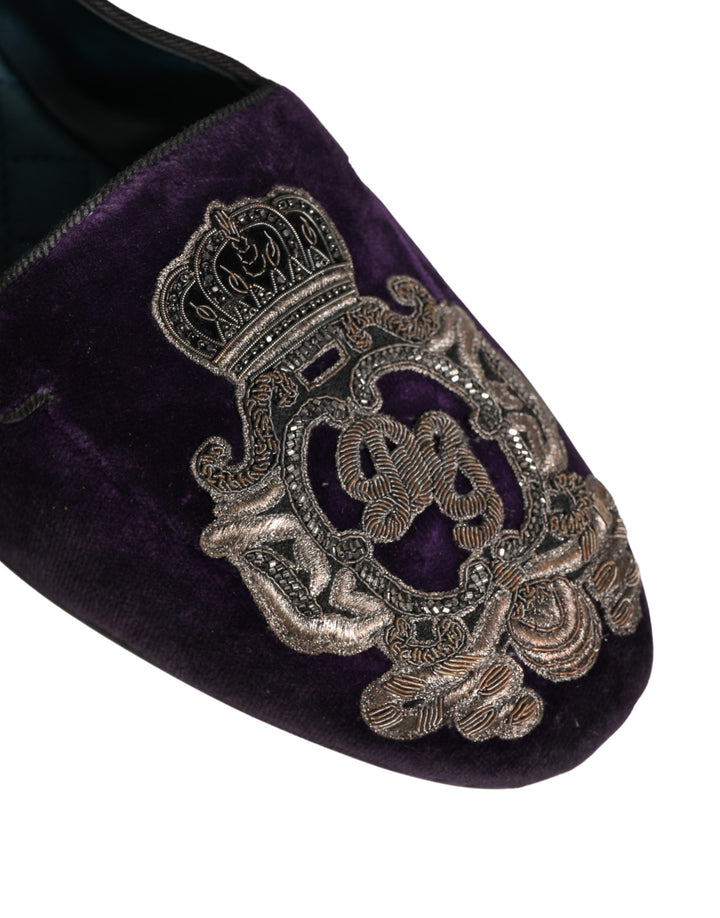 Dolce &amp; Gabbana Purple Velvet Crown Embroidery Loafers Shoes