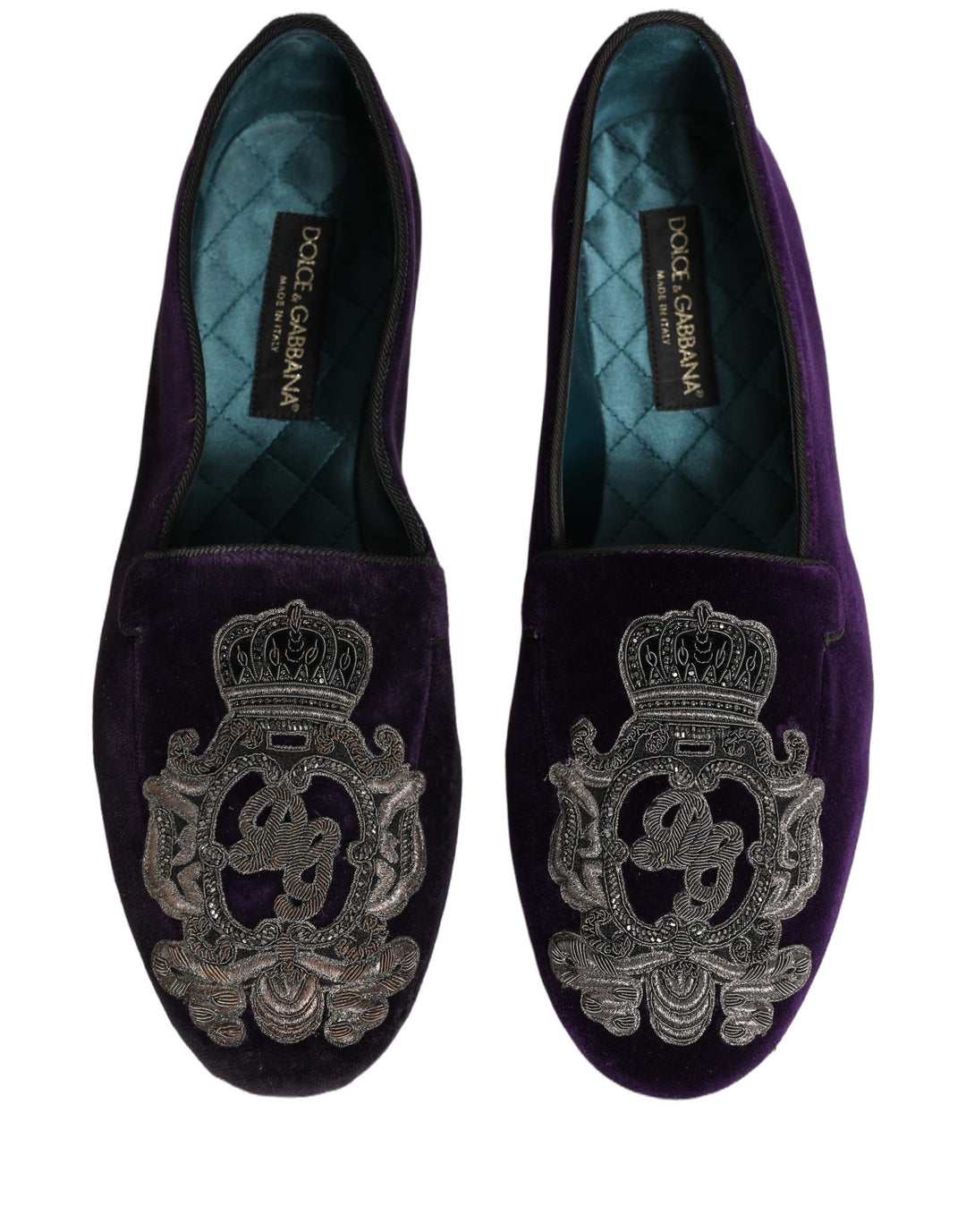 Dolce &amp; Gabbana Purple Velvet Crown Embroidery Loafers Shoes