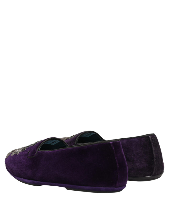 Dolce &amp; Gabbana Purple Velvet Crown Embroidery Loafers Shoes