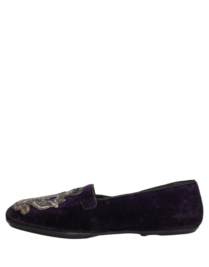Dolce &amp; Gabbana Purple Velvet Crown Embroidery Loafers Shoes