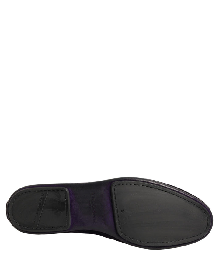 Dolce &amp; Gabbana Purple Velvet Crown Embroidery Loafers Shoes
