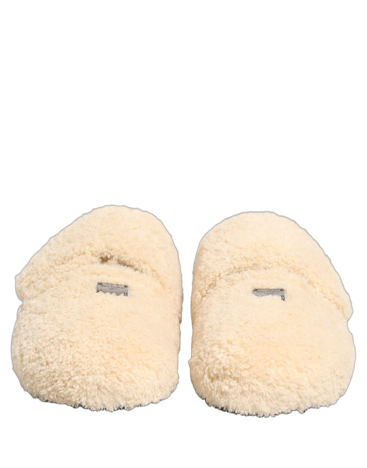 Dolce &amp; Gabbana Beige Faux Fur Flats Men Slides Sandals Shoes
