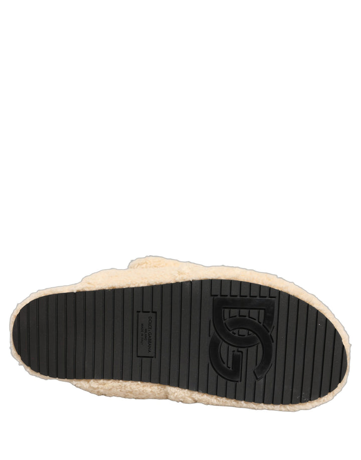 Dolce &amp; Gabbana Beige Faux Fur Flats Men Slides Sandals Shoes
