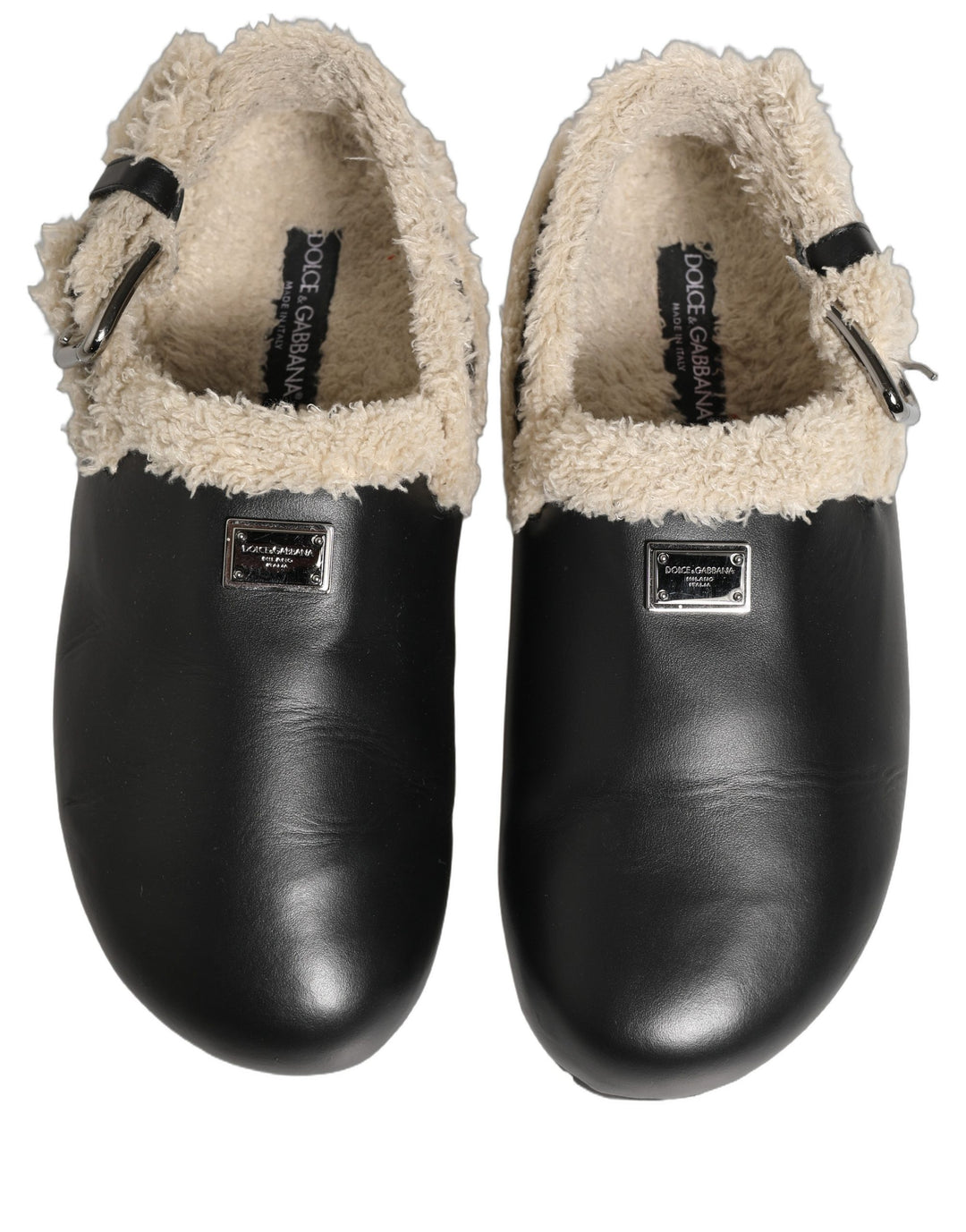 Dolce &amp; Gabbana Beige Black Fur Shearling Slides Sandals Shoes