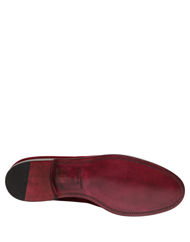Dolce &amp; Gabbana Maroon Velvet Slip On Men Dress Loafers Shoes